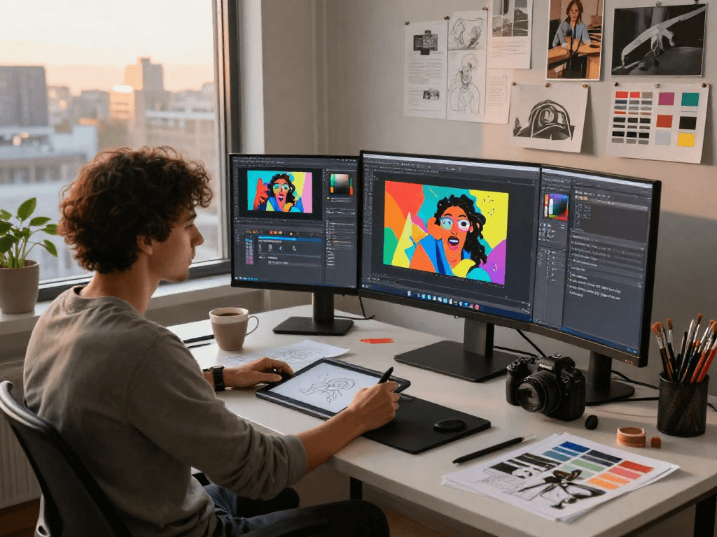 Creative workspace for designing NSFW AI content, featuring designer, digital art tools, and vibrant artworks.
