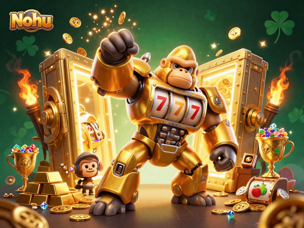 Nohu showcases a dynamic 3D casino scene with a golden gorilla mech and treasures exploding with luck.