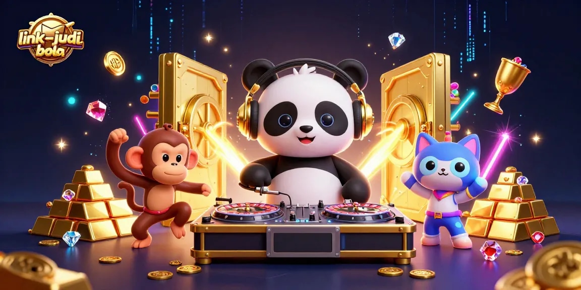 Engage with link-judi-bola through vibrant 3D illustration of a DJ panda, dancing monkey, and kitten amidst casino treasures.