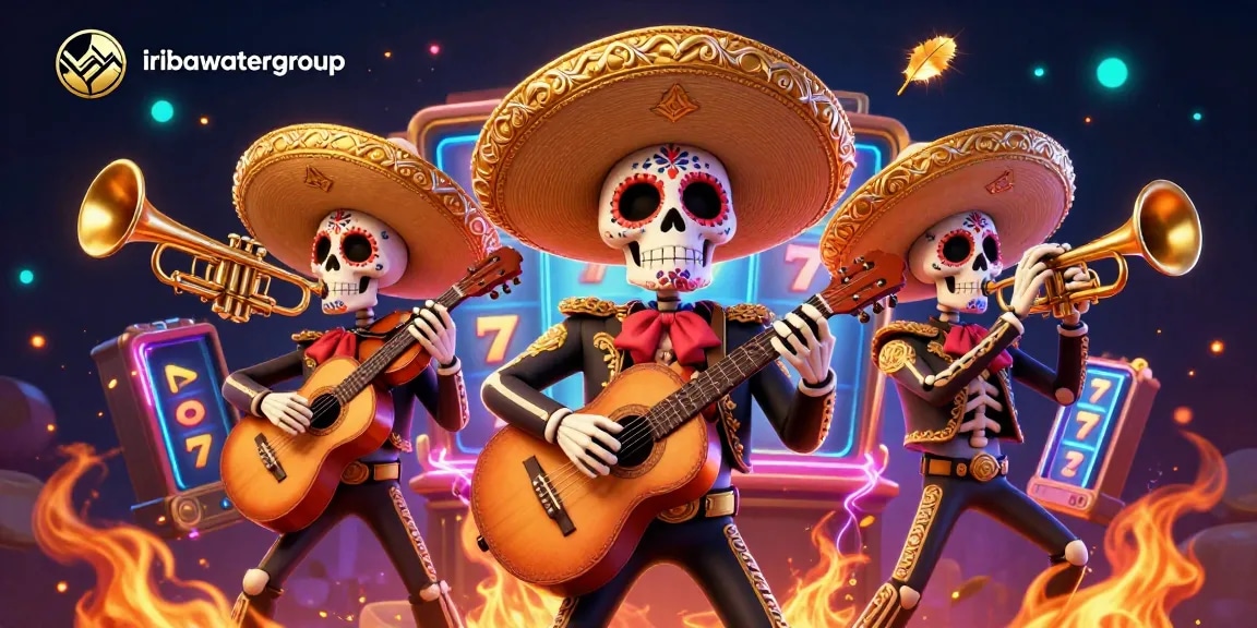 Engage with iribawatergroup's vibrant 3D gaming scene featuring a mariachi band amidst jackpot symbols and slot reels.