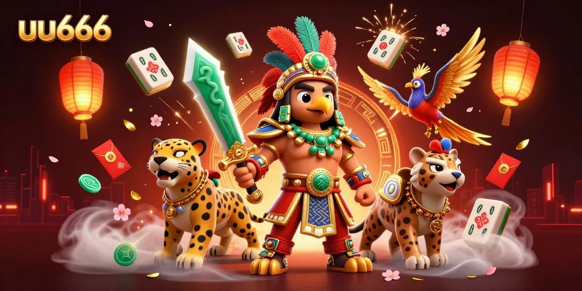 Experience thrilling gaming with uu666 featuring Aztec-themed warriors and vibrant casino elements.