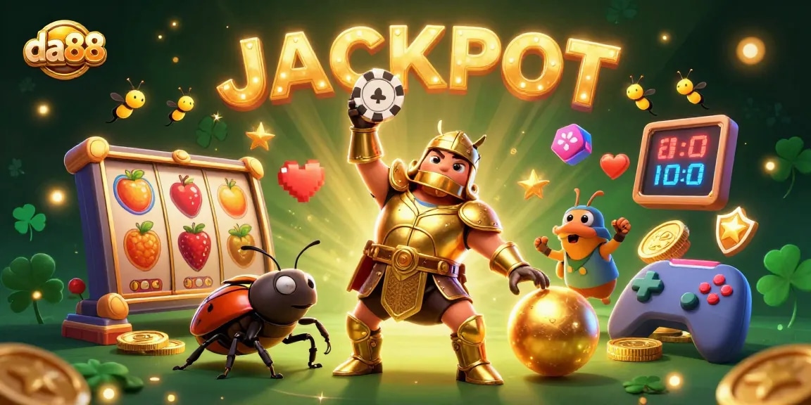 Engage with da88 as a heroic beetle triumphs at the slots, amidst vivid casino elements.