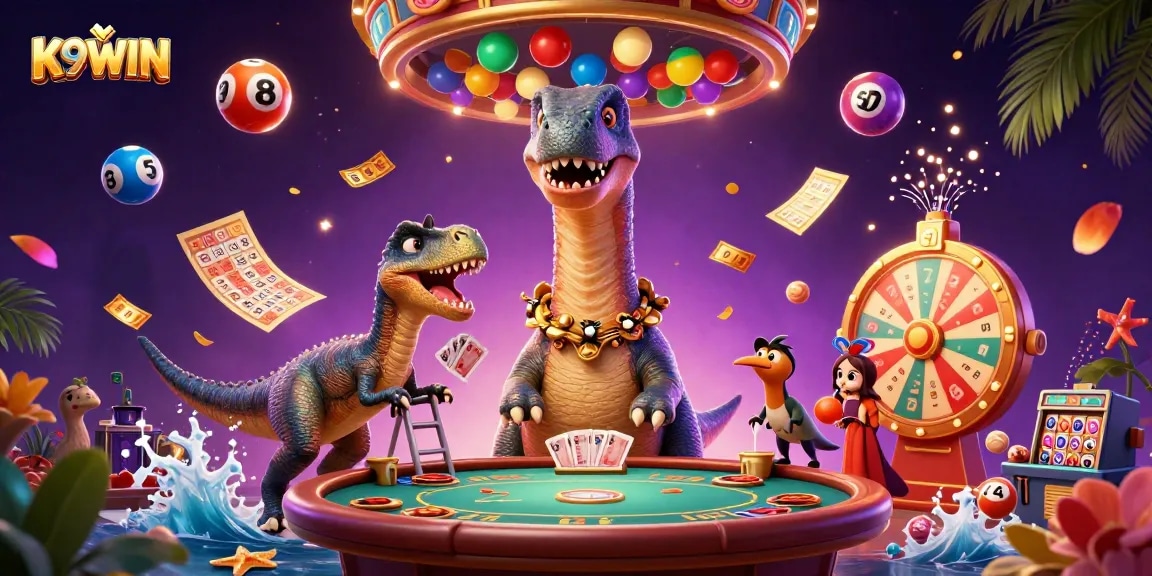 K9WIN offers thrilling moments at the casino with a playful brontosaurus and a clever raptor dealing cards.