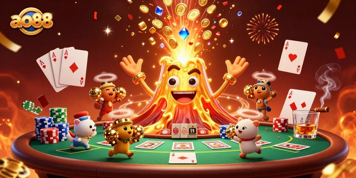 Join the excitement at ao88 as treasures erupt from a golden volcano in this thrilling casino scene.