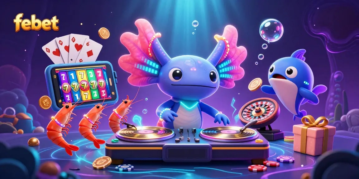 Febet showcases a vibrant 3D underwater casino scene with a neon axolotl DJ, slot games, and glowing treasures.