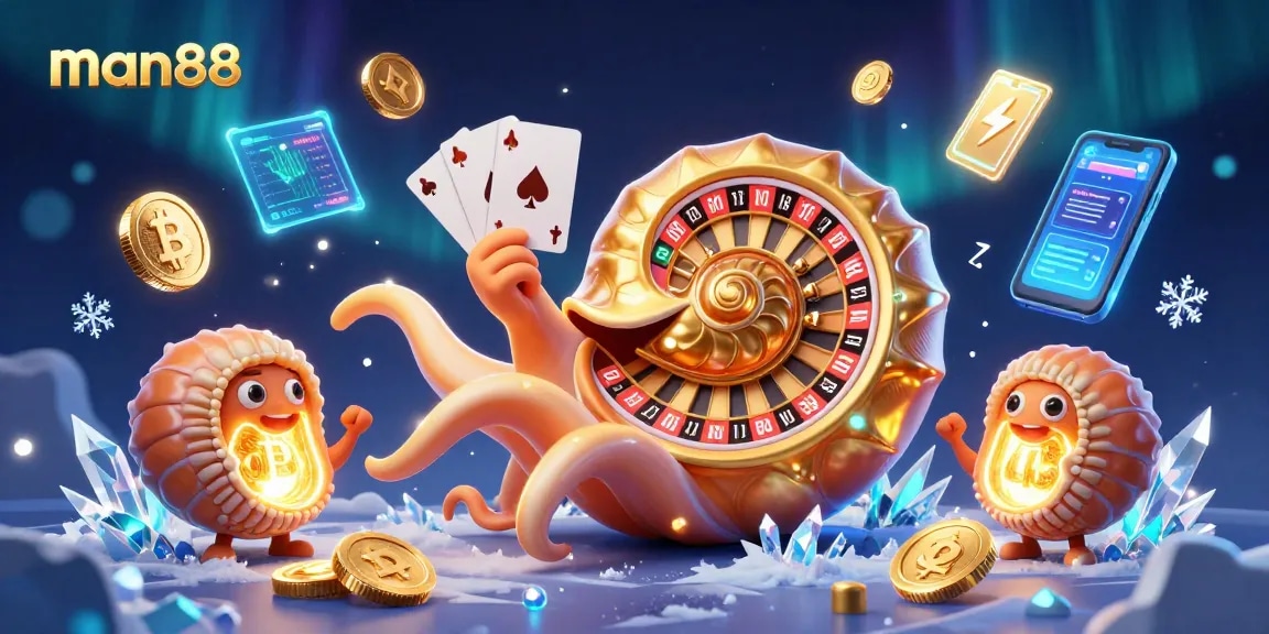 man88 features a 3D casino scene with a giant nautilus, poker cards, and Bitcoin elements.