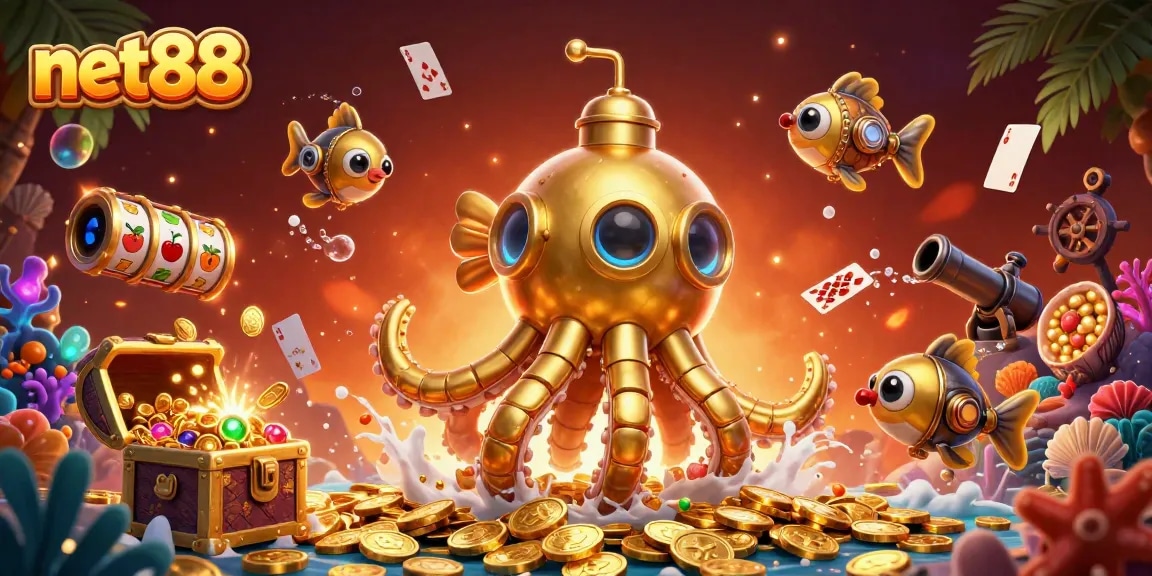 Engage with net88 in a vibrant 3D casino illustration featuring a kraken submarine and slot game elements.
