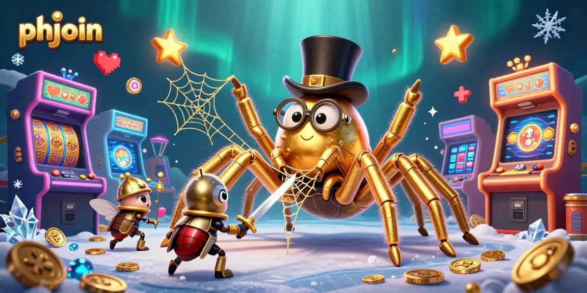 Join the phjoin casino adventure as a golden tarantula spins luck with slot reels and vibrant arcade games.