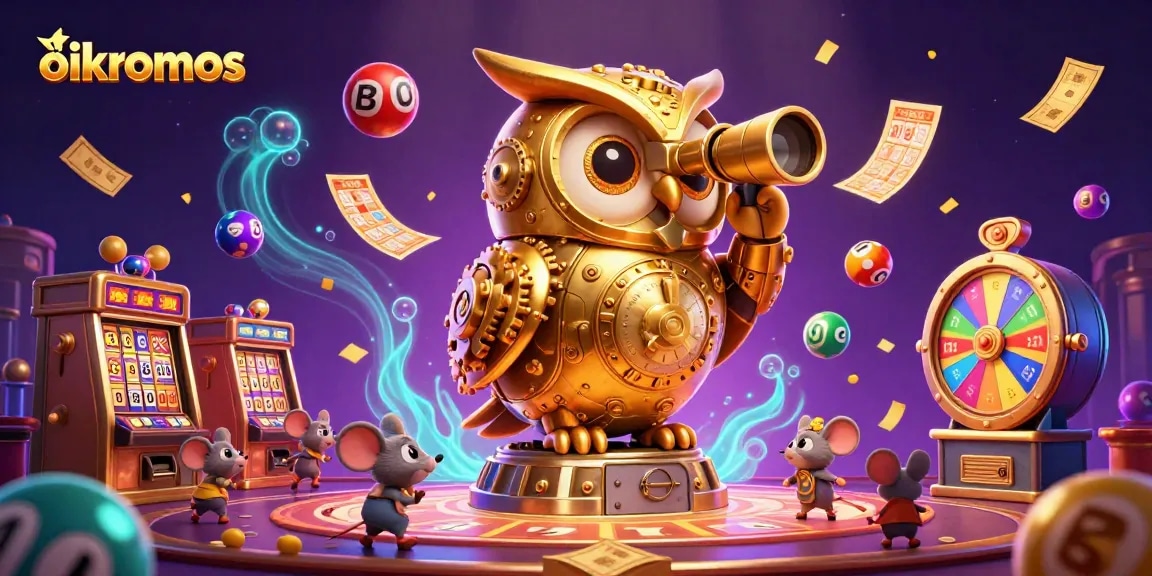 Experience gaming excitement at oikonomos with vibrant slot machines and lottery elements.