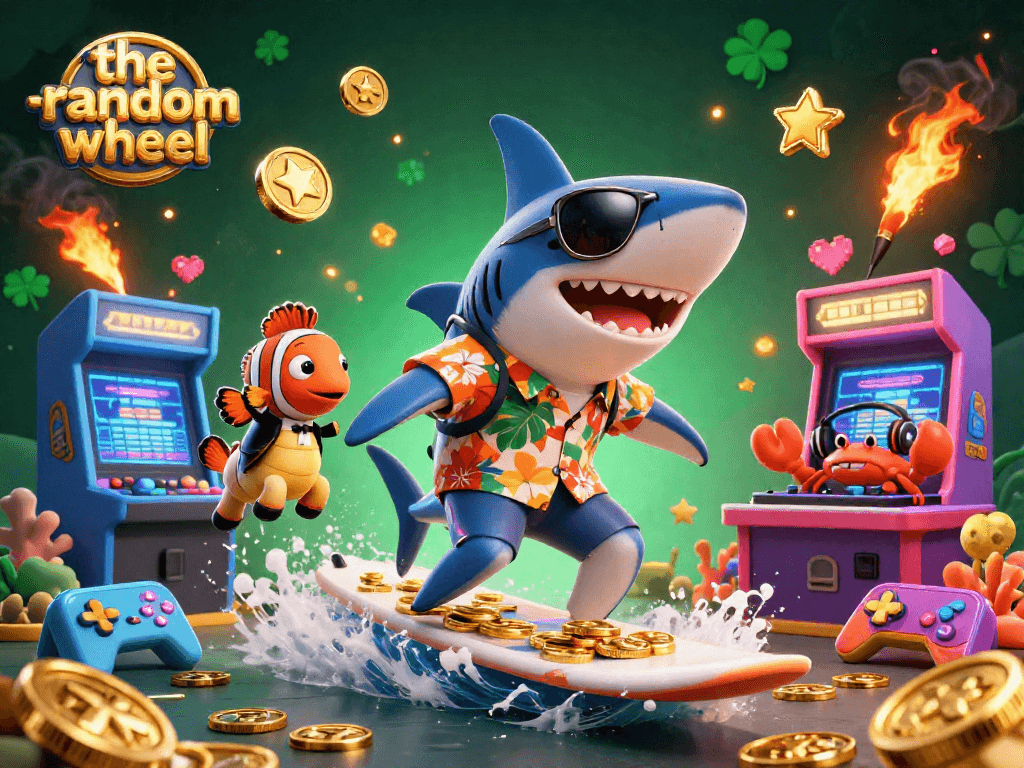 Engage in the-random-wheel with a thrilling gold coin wave alongside colorful game elements.