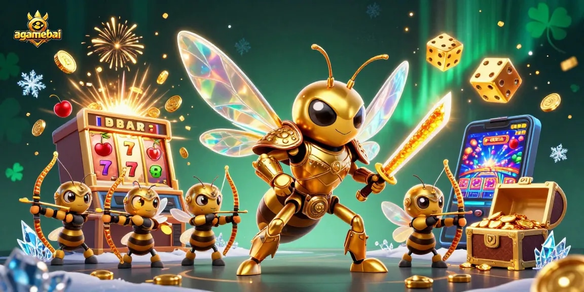 Spin to win at agamebai with an exciting 3D illustration of a golden hornet and a jackpot explosion.