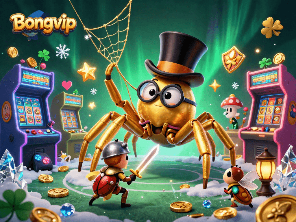 Bongvip showcases a vibrant 3D scene with a golden tarantula weaving golden threads and beetle knight in a gambling paradise.