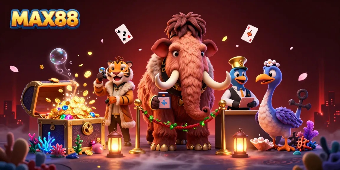 MAX88 captures the vibrant casino atmosphere with a woolly mammoth bouncer ensuring entry for VIPs.