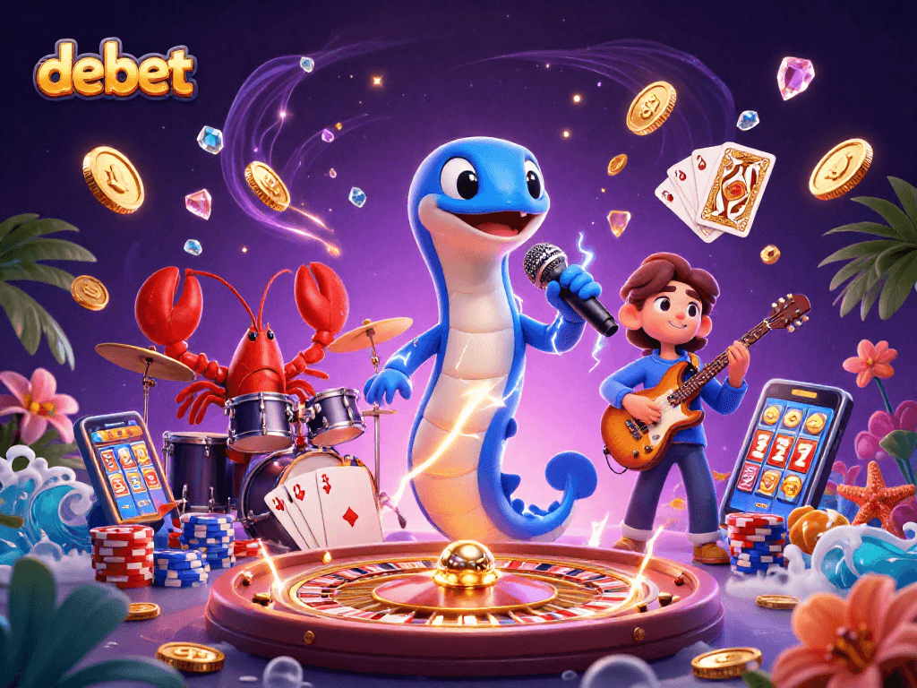 Engage with debet in an underwater casino scene of electric eel DJs and game elements.