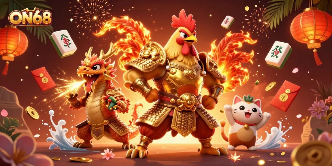 Engage with thrilling ON68 adventures as a rooster warrior battles for riches in an exciting casino atmosphere.