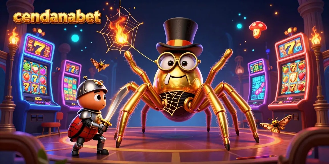 Cendanabet offers immersive gaming experiences with a golden tarantula weaving a web among vibrant slot machines.