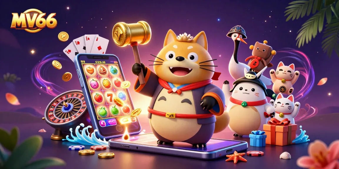 Engage with MV66 slots and games in a vibrant casino scene with lively cartoon characters.