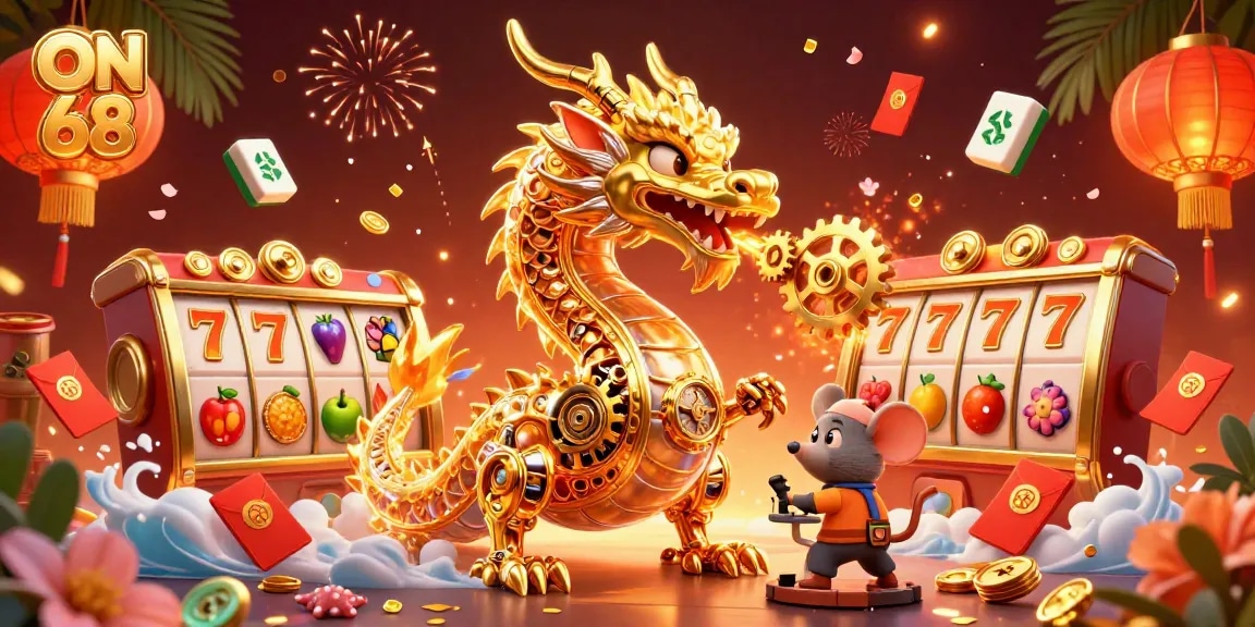 Experience thrilling gaming with ON 68 as the golden dragon breathes gears amidst slot reels and festive decorations.