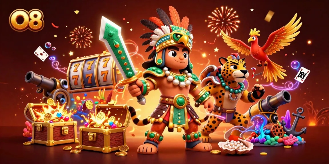 Engage with O8's thrilling slot reels as the Aztec warrior and jaguar explore vibrant treasures.