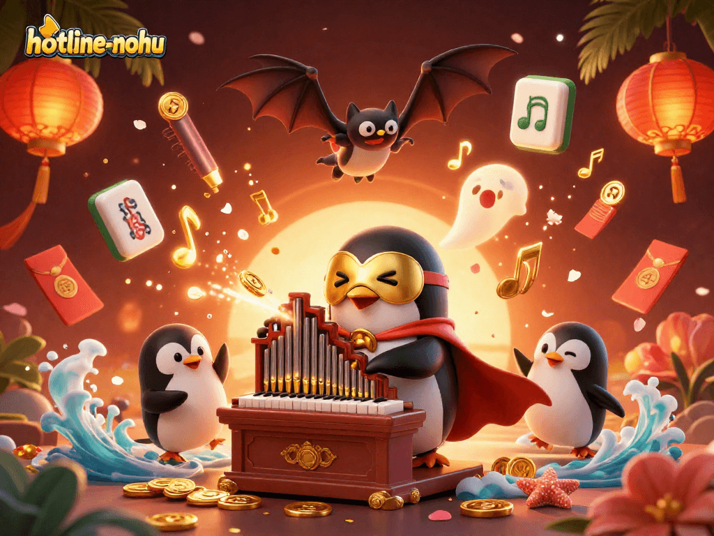 Engage with the thrilling atmosphere of hotline-nohu as a penguin organist emits coins amidst festive decorations.