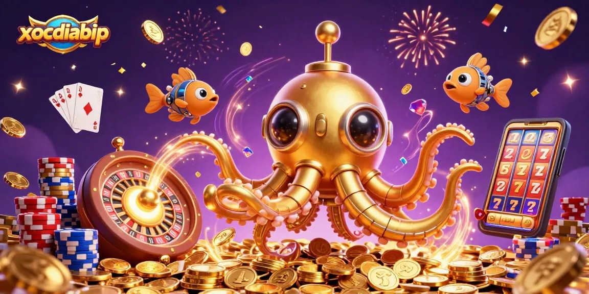 xocdiabip showcases a dynamic casino scene with a golden kraken submarine amidst coins, cards, and roulette.