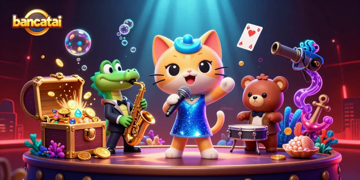 Bancatai presents a vibrant 3D casino scene showcasing a jazz-singer cat, saxophonist crocodile, and drummer bear cub.