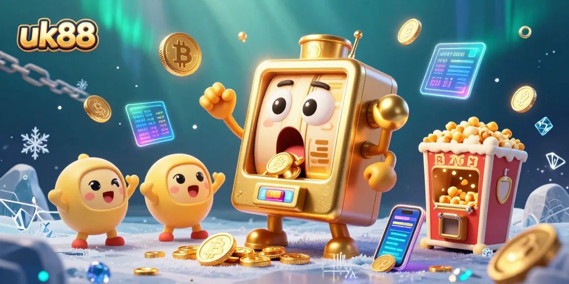 Experience uk88's thrilling casino action with gold slot machines, coins, and vibrant crypto elements