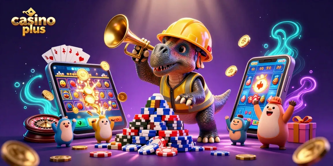 Experience thrilling casino plus action with a triceratops building poker chips and live gaming elements
