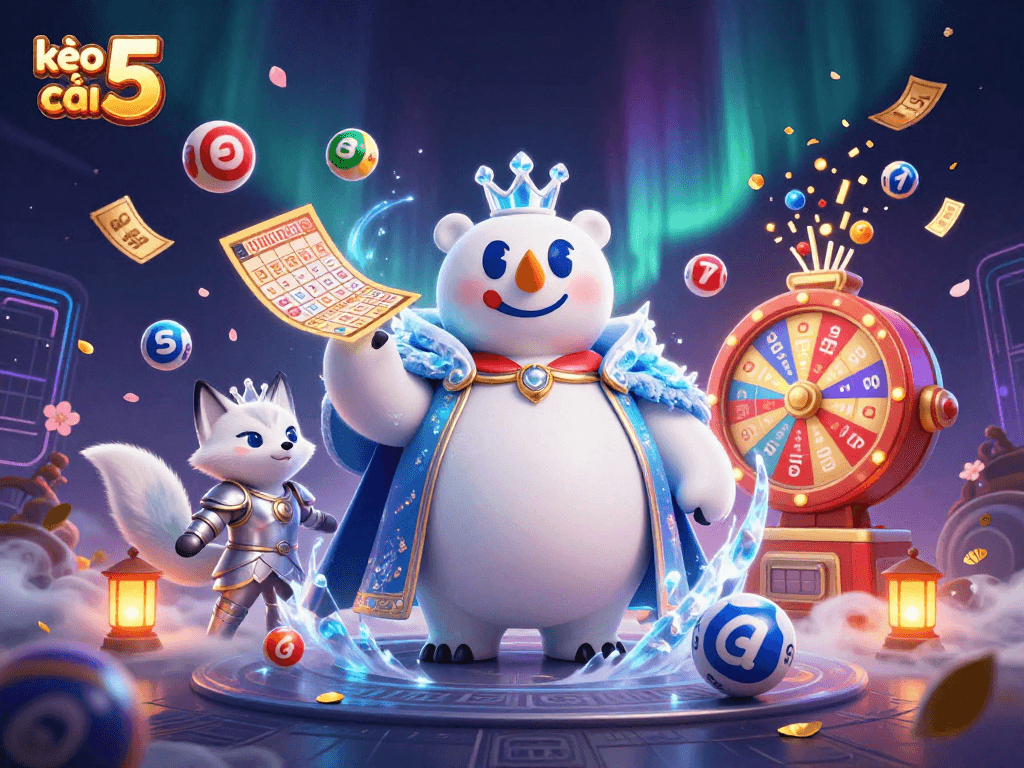 Experience the excitement of kèo nhà cái 5 with dynamic lottery balls and a stunning casino scene.