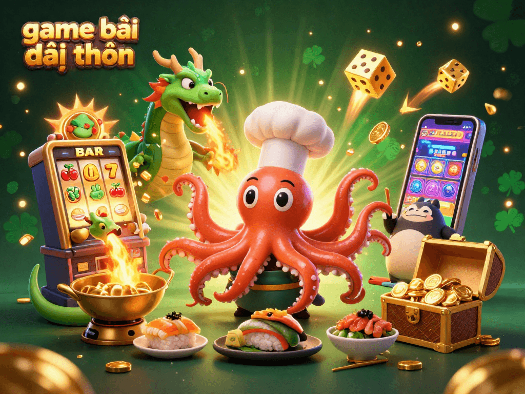 Experience the thrill of game bài đổi thưởng with a lively 3D casino illustration featuring characters and dynamic gaming elements.