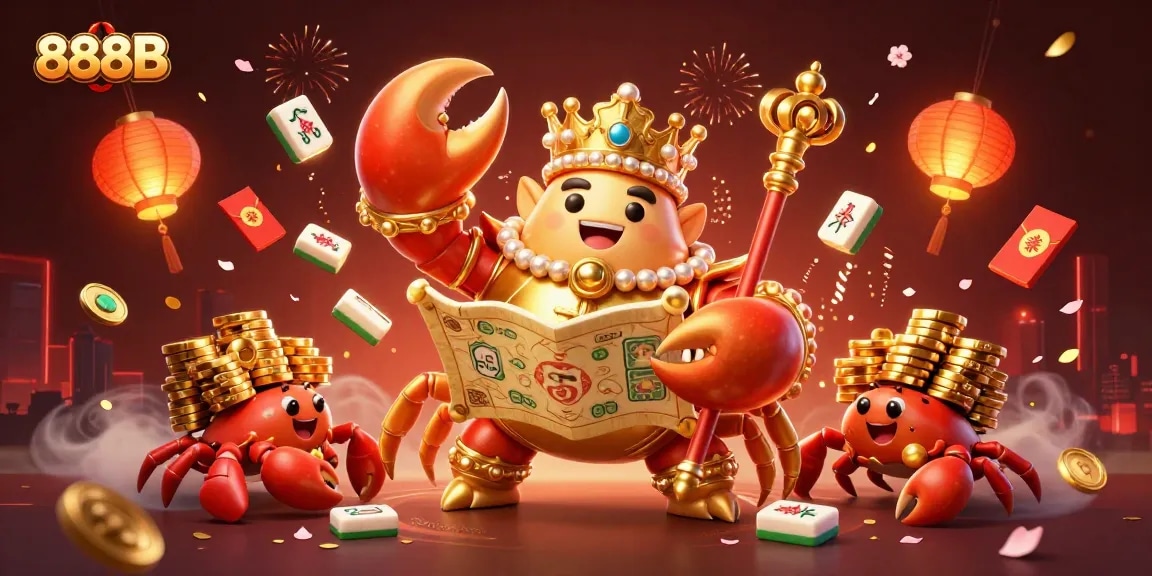 Engage with vibrant 888B casino excitement featuring a golden crab emperor amidst dynamic game elements.