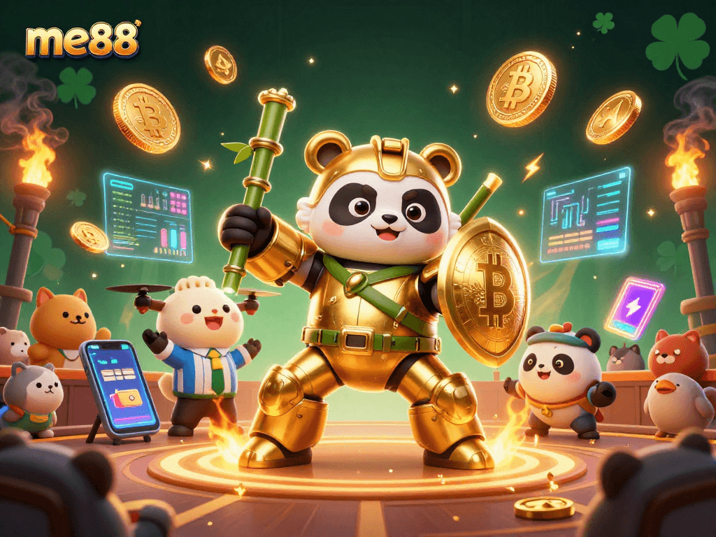 Engage with me88's exciting gambling spirit through a lively 3D illustration showcasing dynamic characters and crypto elements.