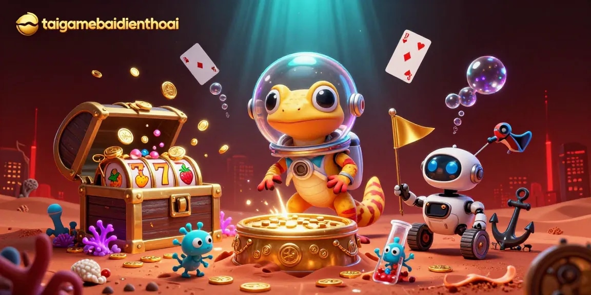 Experience thrilling gameplay with taigamebaidienthoai's vibrant casino adventure highlighting slot reels and treasures.