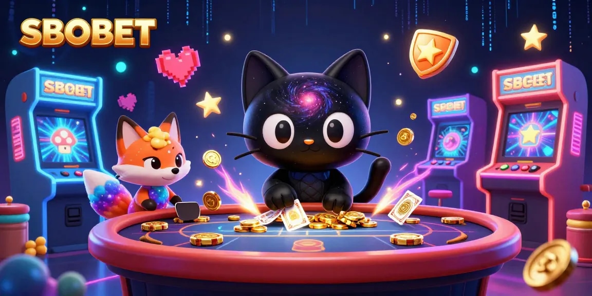 SBOBET captivates players at the cosmic casino table, drawing in golden chips and cards.