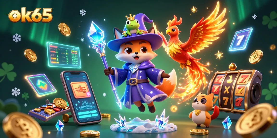 Engage in casino magic with ok65, showcasing a wizard fox alongside a fiery phoenix in a vibrant gaming world.