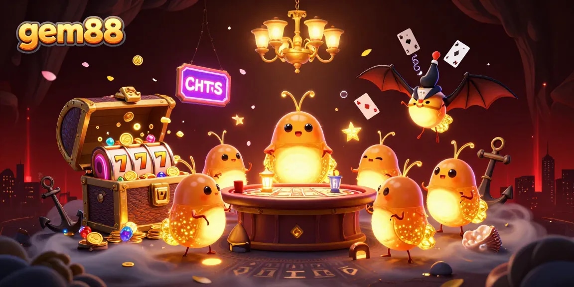 Experience the excitement of gem88 with glowworms lighting up a vibrant casino scene packed with games and gold.