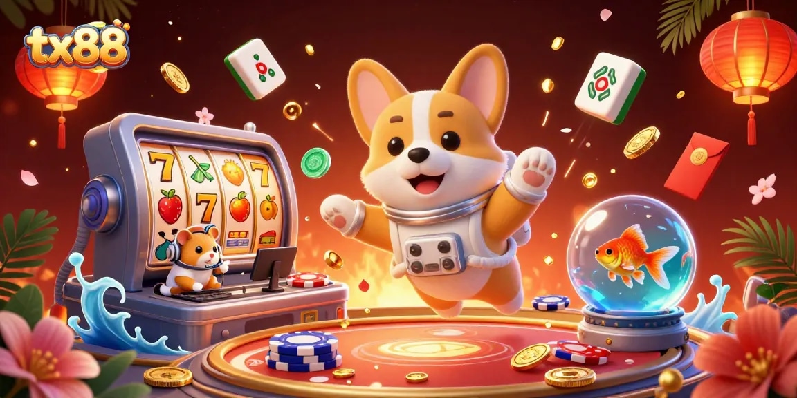 Experience tx88's colorful casino universe with an astronaut corgi and vibrant gaming elements.