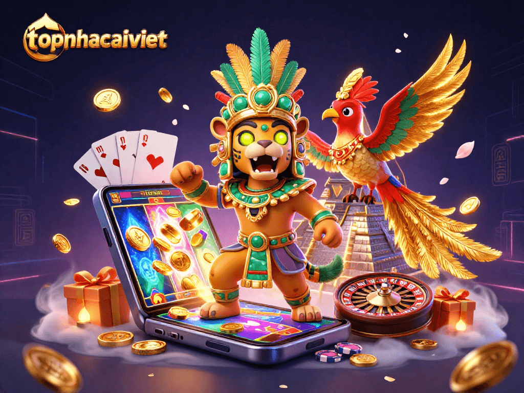 Experience thrilling casino action with topnhacaiviet in a vivid 3D illustration of a Mayan scene.