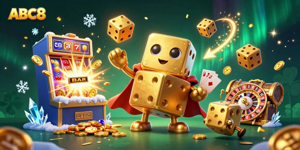 Experience excitement with ABC8's vibrant 3D casino illustration of jackpots bursting and golden dice.