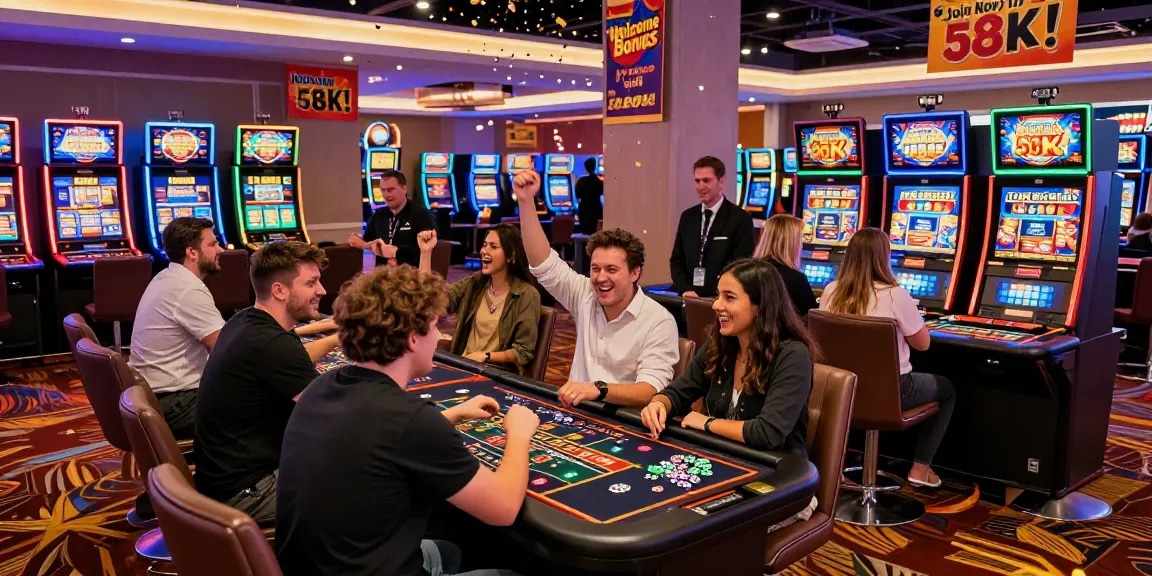 KO66 casino promotion scene with vibrant gaming atmosphere and excited players celebrating welcome bonus.