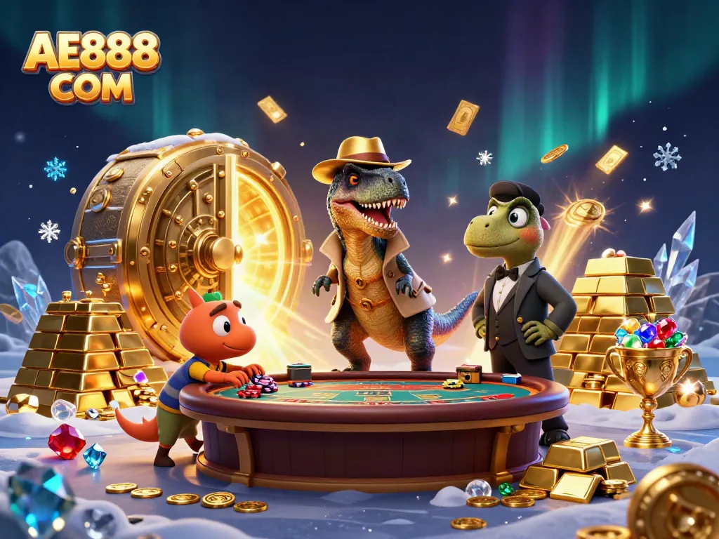 Engaging scene with AE888 COM as a velociraptor card counter and a stegosaurus pit boss amidst a vibrant casino ambiance.