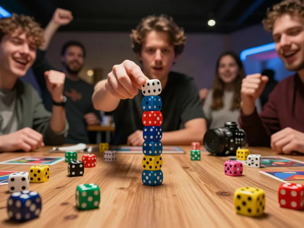 Exciting dice stacking action showcasing dicestack.net's gaming culture with vibrant colors and enthusiastic players.