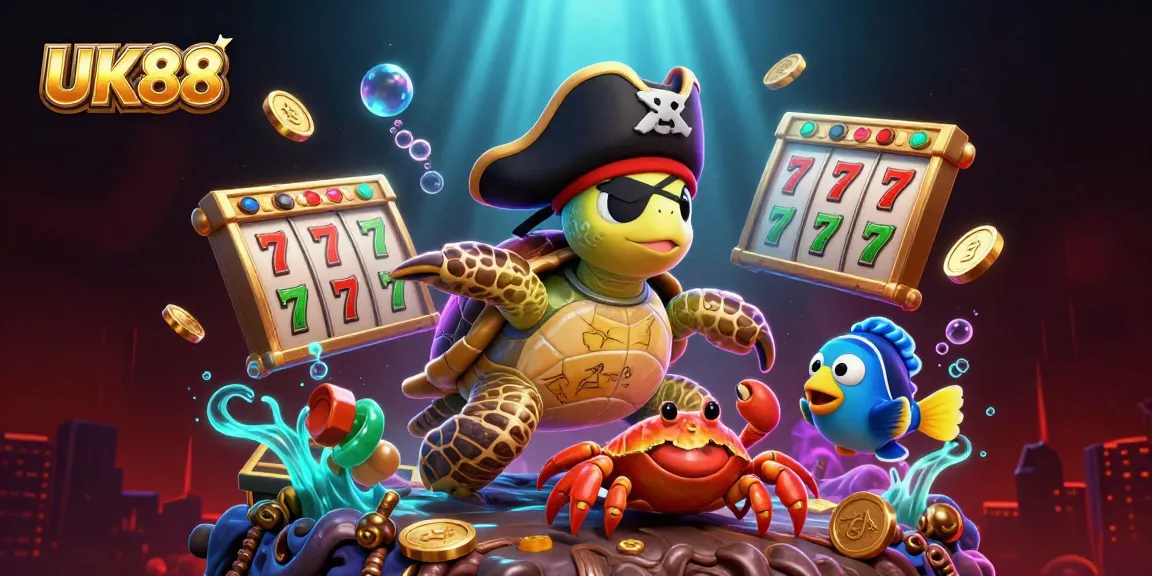 Experience thrilling slots and jackpots with UK88 featuring a pirate turtle and sea creatures amidst vibrant casino elements.