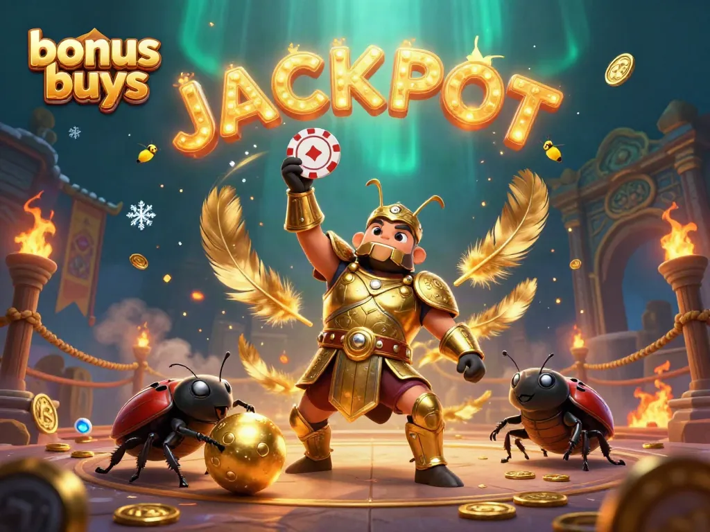 Experience thrilling bonus buys with a herculean beetle celebrating a jackpot amidst vibrant casino elements.