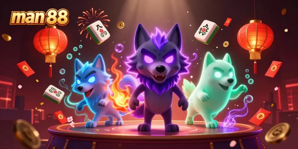 Engage with man 88's magical casino experience featuring glowing wolves and festive decorations.
