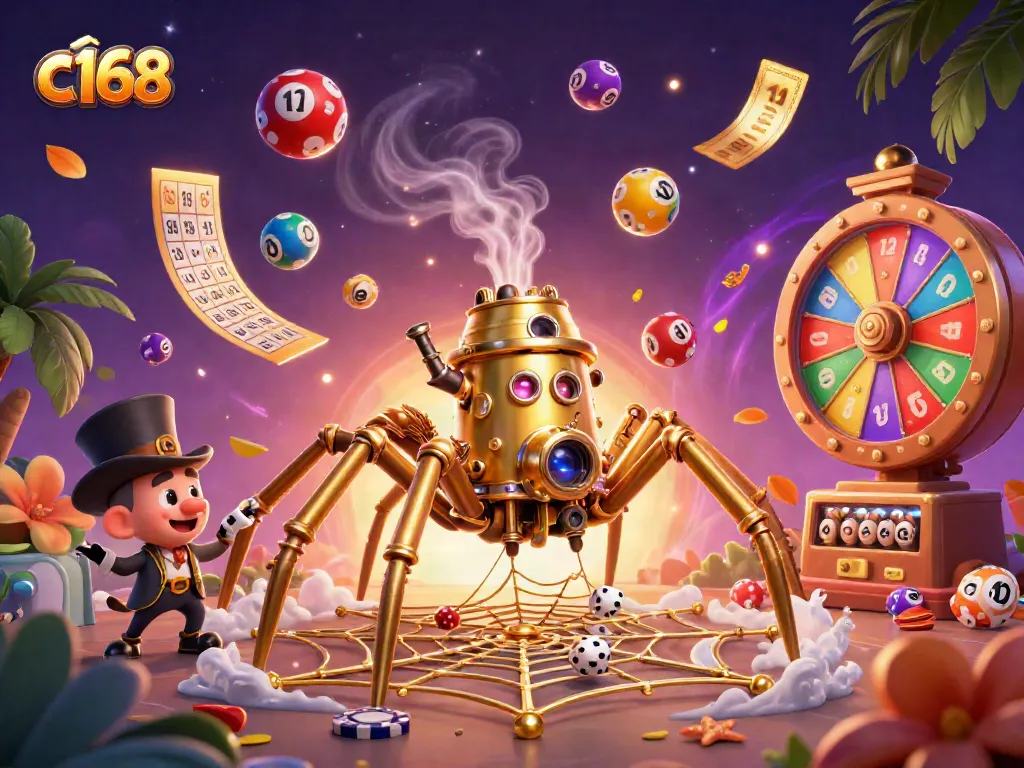 c168 captures excitement with golden spider and vibrant lottery elements in 3D casino scene