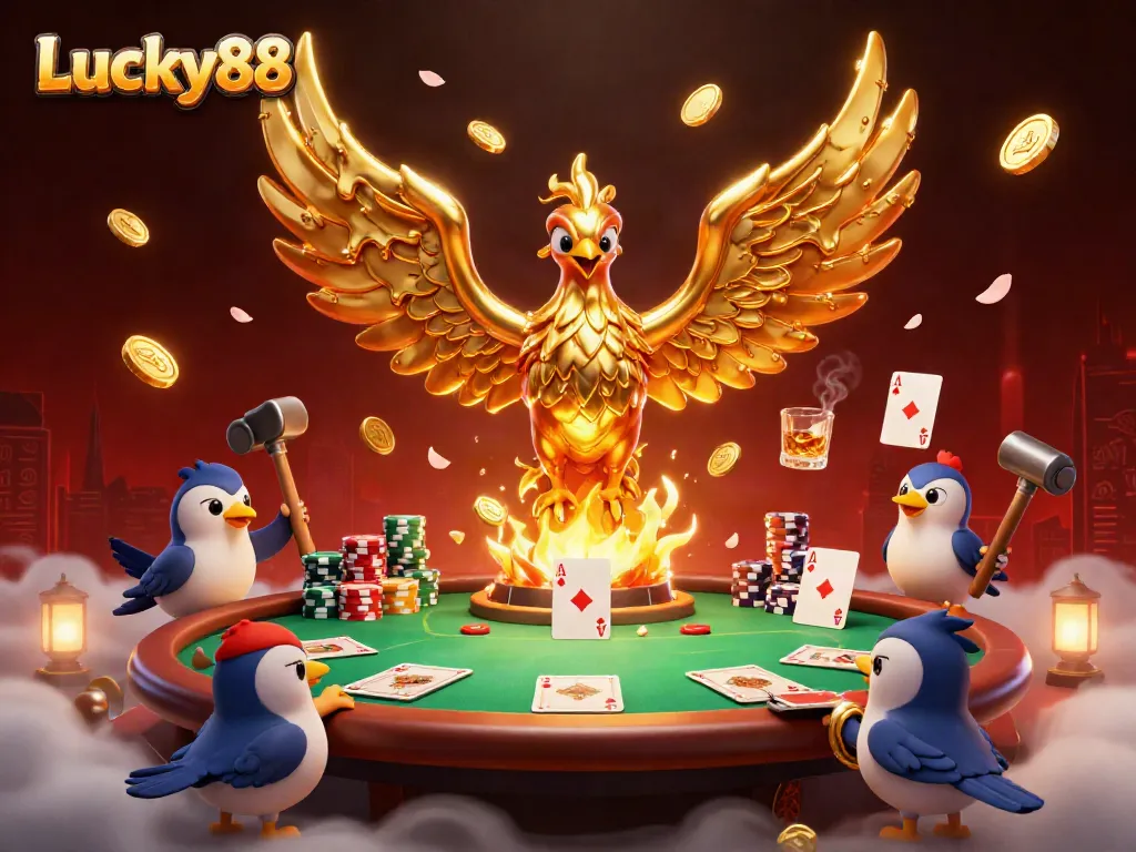 Experience excitement at Lucky88 with a golden phoenix and poker elements surrounded by vibrant casino imagery.