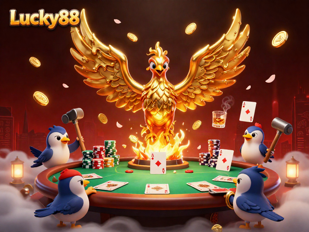 Experience excitement at Lucky88 with a golden phoenix and poker elements surrounded by vibrant casino imagery.