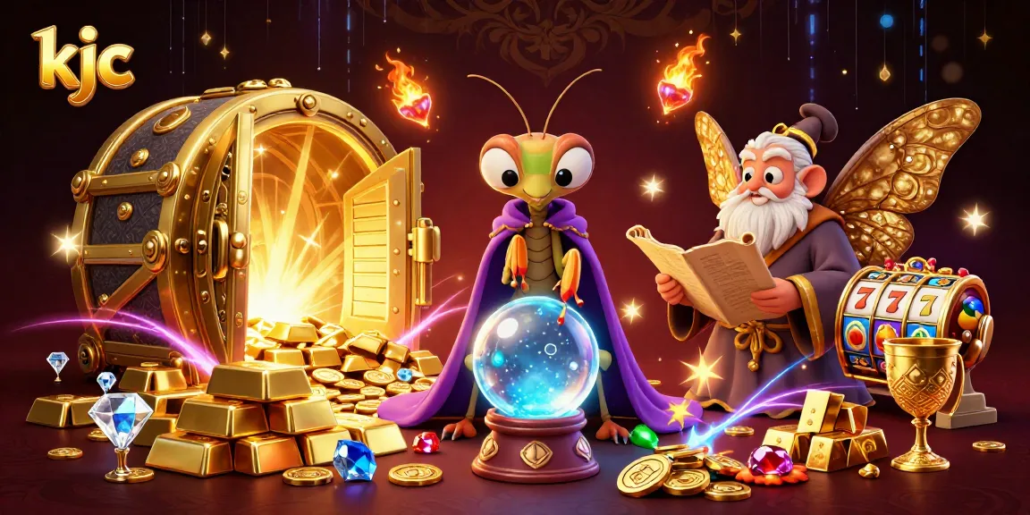 Spin winning jackpots with kjc's vibrant casino-themed illustration showcasing fortune teller and treasures.