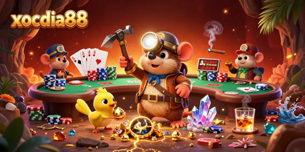 Xocdia88 brings thrilling poker elements alive with a colorful treasure hunter scene.